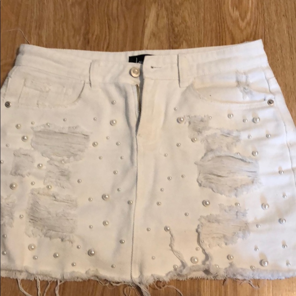 Lulus white denim skirt with pearl like beads